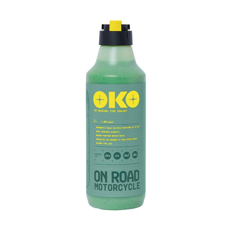 OKO On-Road Motorcycle Tubeless Tyre Sealant 1 Litre | Seals Punctures Up to 5mm | Extends Life of Motorbike and Moped Tyres, Innovative Mess-Free Cap, Non-Allergenic, Non-Compatible With TPMS Sensors