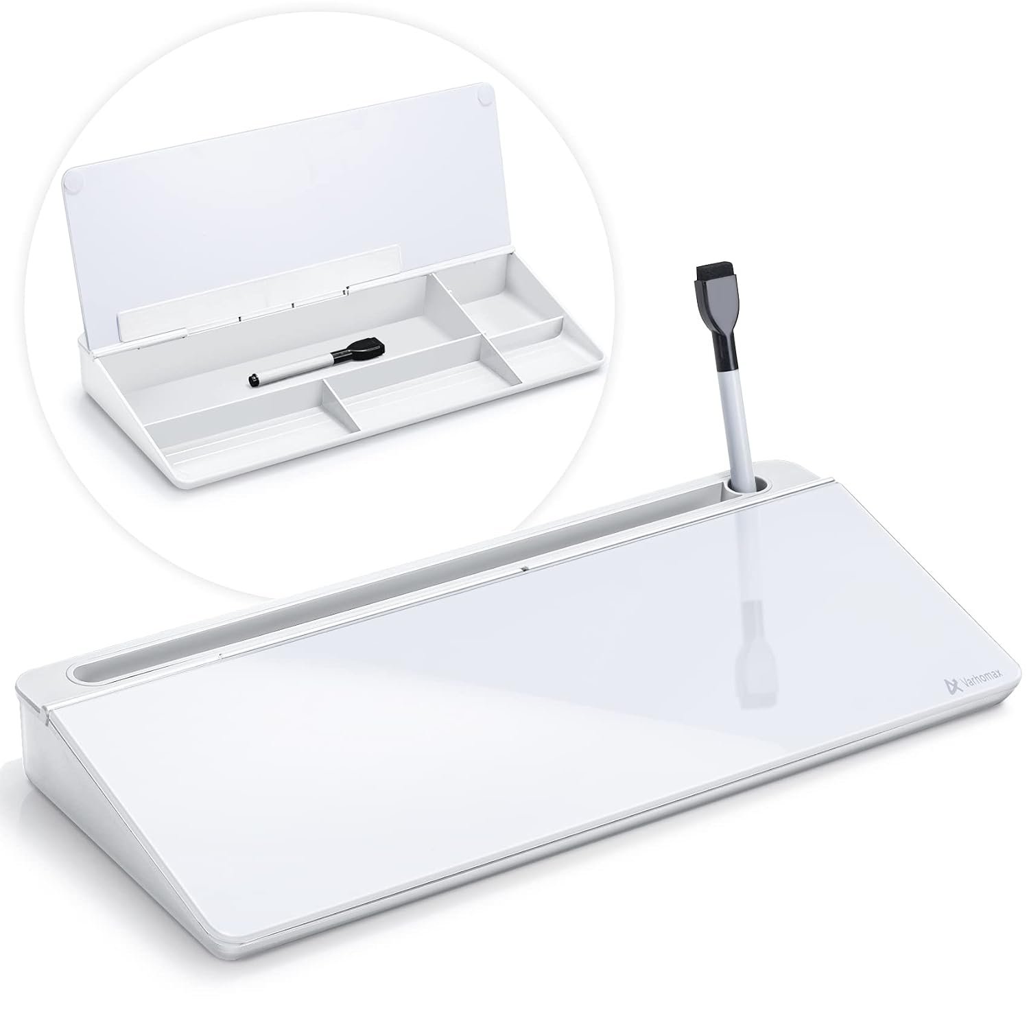 Varhomax Glass Desk Whiteboard with Storage, Desktop Dry Erase White Board to-do List Memo Keyboard Stand Desk Organizers for Home Office and School Supplies
