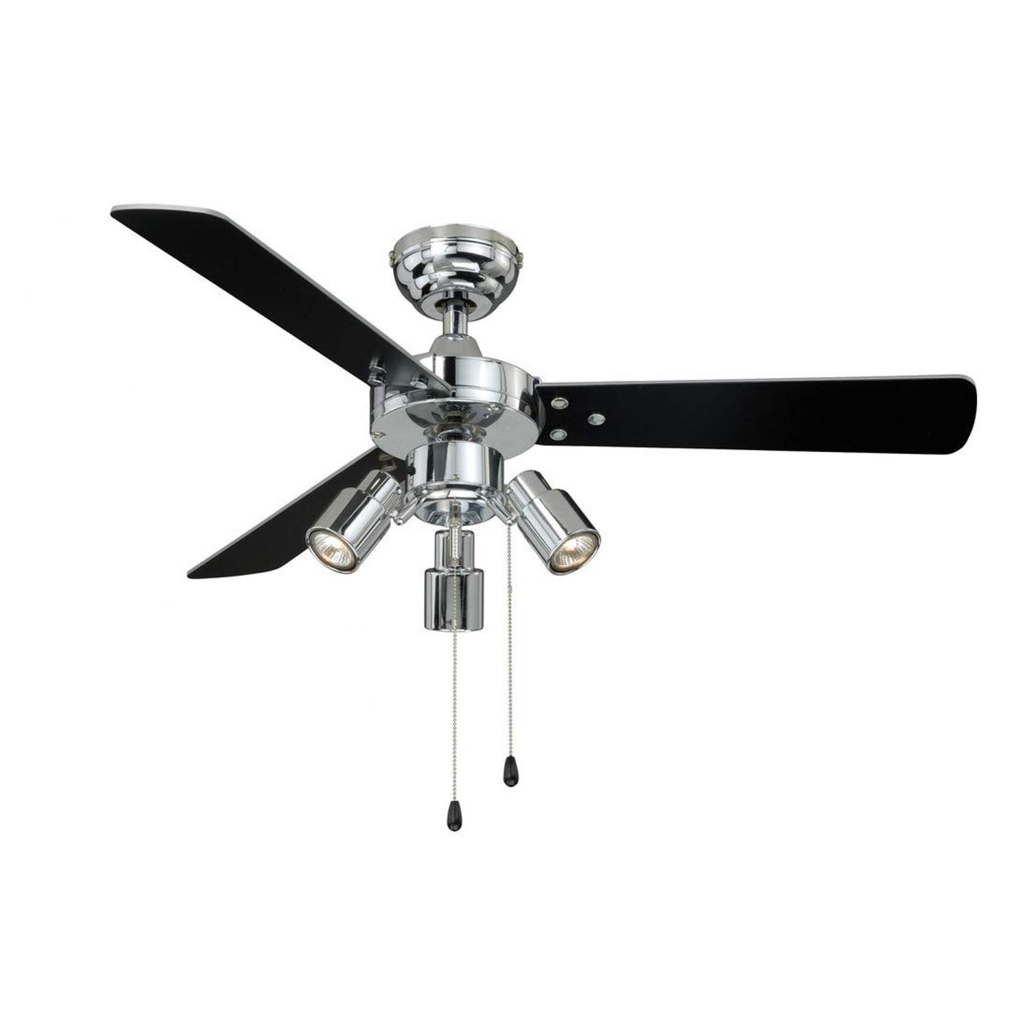 AireRyder Ceiling Fan Cyrus Chrome with Light and Pull Cords 42 inch 107 cm with Black and Silver Blades