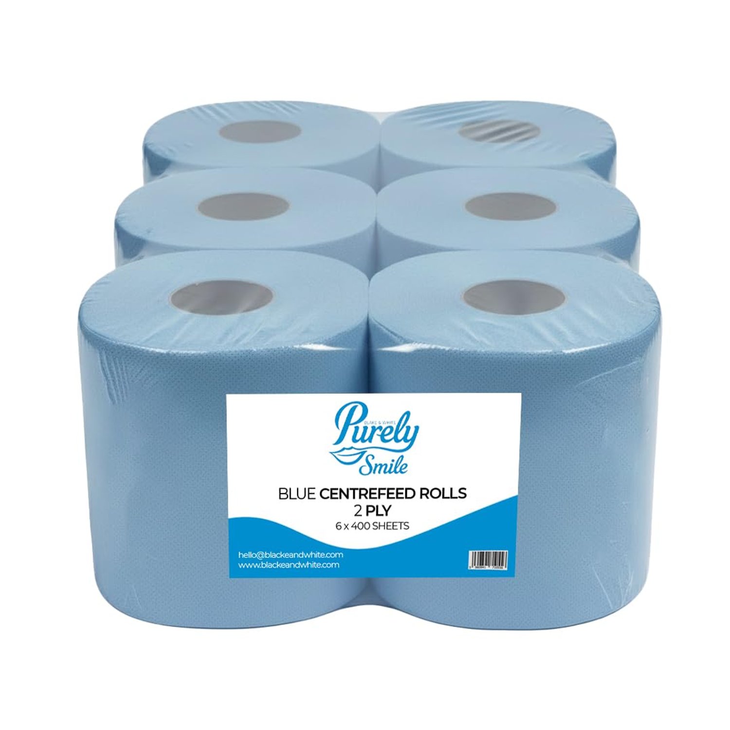 Blake & White Centrefeed Blue Rolls 6 Pack - Purely Smile 2 Ply Tissue Roll for Wiping Surfaces & Drying Hands - 400 Sheets Strong & Ultra Absorbent Blue Roll | PS1214