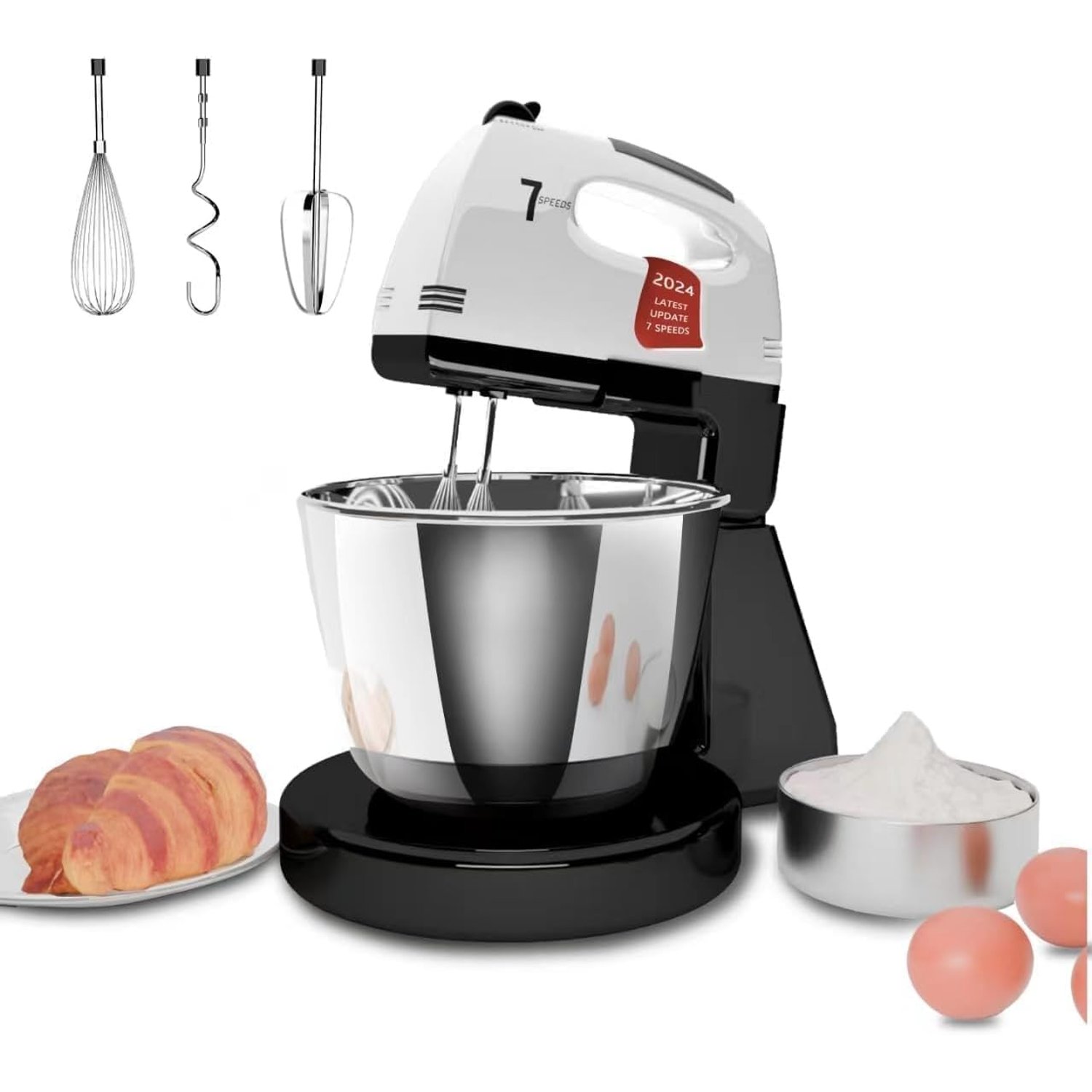 Stand Mixers, 7 Speeds With 3QT Stainless Steel Bowl, Stand and Hand Mixer with Dough Hook, Whisk, Mixing Beater for Baking, Cake, Cookie, Kneading (VL8)