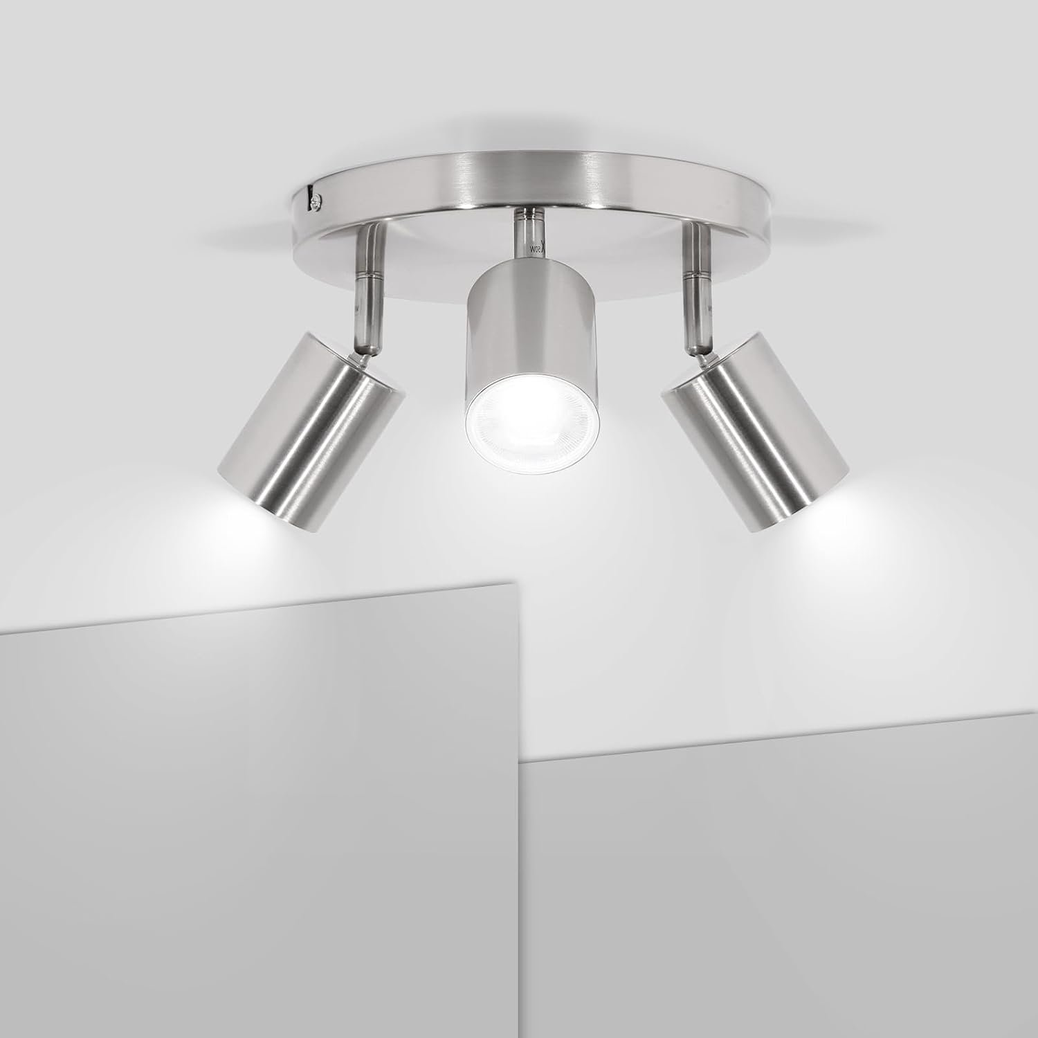 Ketom 3 Way Ceiling Spotlight Fitting - GU10 LED Ceiling Light Rotatable - Round Ceiling Spotlight Modern, Matt Nickel Metal 3 Way LED Ceiling Light - GU10 Bulb Base - Bulb Not Included