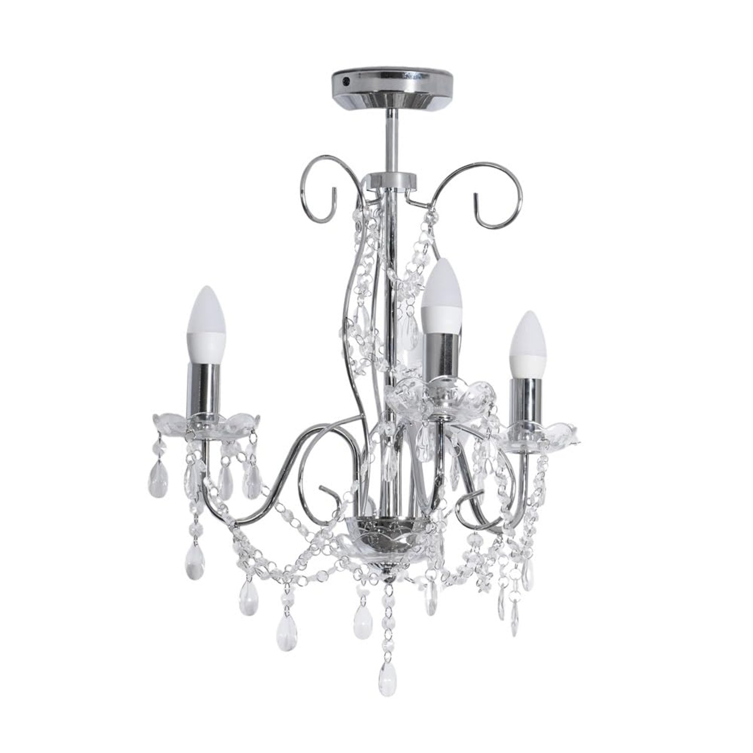 ValueLights | Silver Chrome 3 Way Ceiling Light Chandelier Fitting with Clear Acrylic Jewel Droplets | Chandeliers, Home Décor & Improvement Essential | Mains Wired