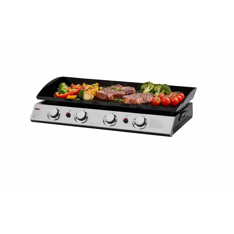 Huge 4 Burner Gas Plancha BBQ Grill with Black Enamelled Griddle, Gas Regulator & Cover, Stainless Steel, 77.5cm x 34.5cm cooking area, 4 x 2.5kw Burners