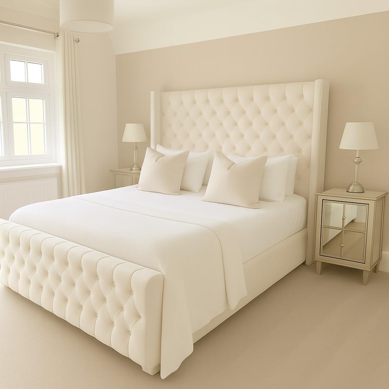 Bespoke Chesterfield Plush Velvet Cannas Wingback Bed - Mattress/Gas Lift Options - UK Made - Double/King/Super King (Cream Plush, Double 4ft6 Bed Frame)