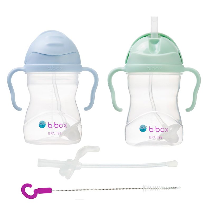 b.box Sippy Straw Cup Pack of 2 with Free Replacement Straw and Cleaner| 6m+ Baby and Toddler Straw Cups| BPA Free Leakproof Cup| Dishwasher Safe Straw Cup| 7oz/207ml| 2 Pack| Blue/Green