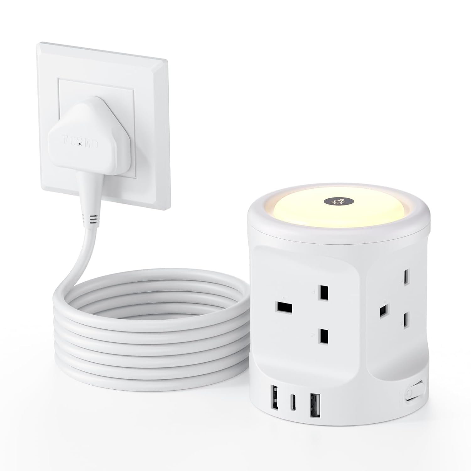 Extension Lead with USB Slots and Night Light, 4 Way (13A/3250W) Multi Plug Extension Cords & 3 USB Ports, Surge Protected Extension Lead with Switches, 2M Extension Cable for Home Dorm Office
