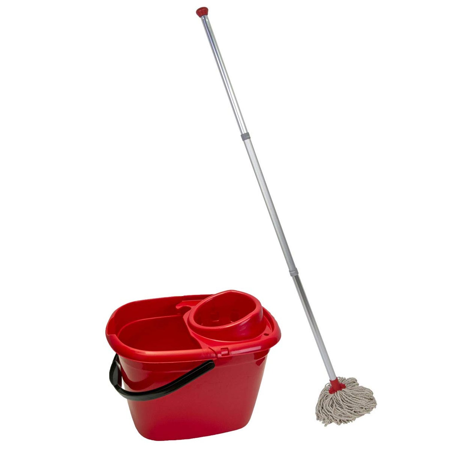 Abbey Professional Mop and Bucket Set Heavy Duty with Wringer and Two Traditional Cotton Mop Heads for Cleaning Floors – Strong Aluminum Mop Handles – Mop Bucket Capacity 12L with Pouring Lip (Red)