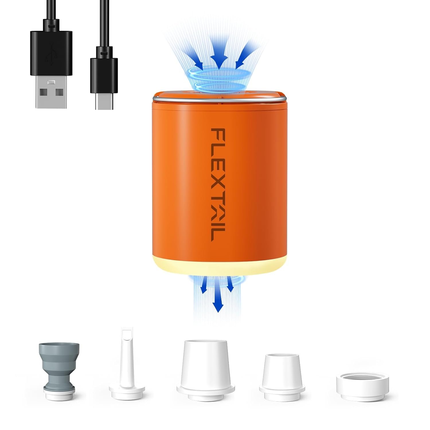 FLEXTAILGEAR Portable Air Pump, Electric Vacuum Bag Pump with 3 Level Camping Light, 1600mAh Battery, 4kPa, High Flow 180L/min, Fast In/Deflating for Sleeping Pad, Air Bed Mattress, Pool Float, Orange