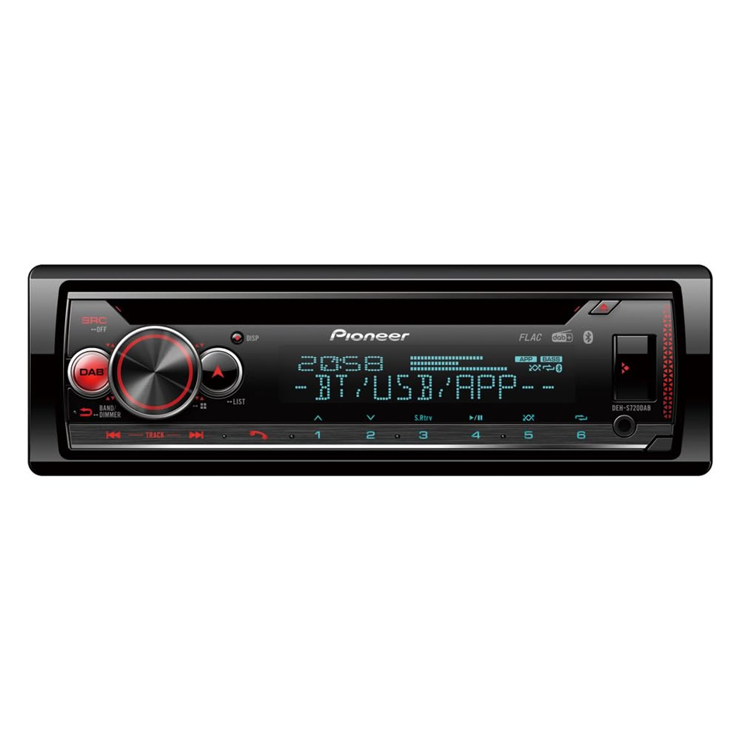 Pioneer DEH-S720DAB 1-DIN CD Tuner with DAB/DAB+, Bluetooth, multi colour illumination, USB, Spotify, Pioneer Smart Sync App and compatible with Apple and Android devices.