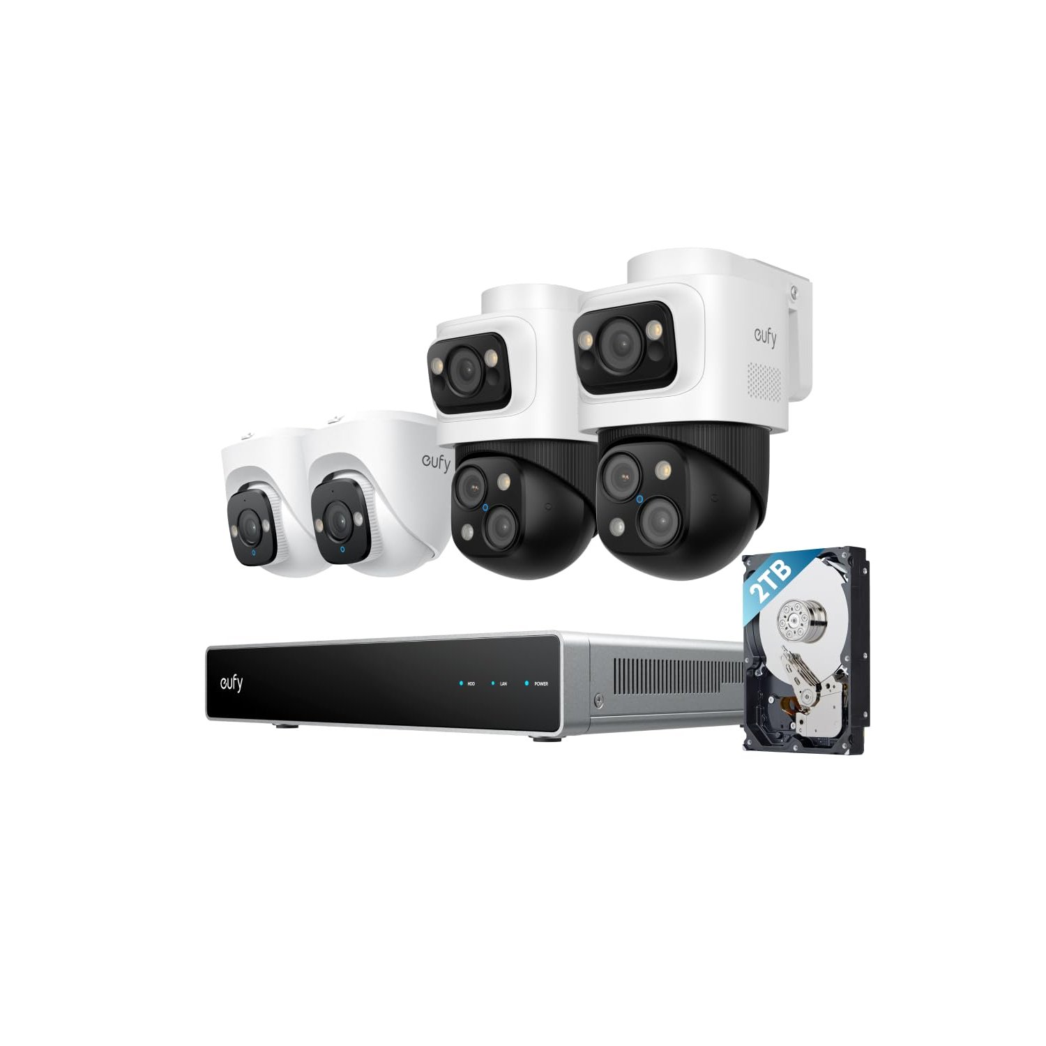 eufy Security PoE NVR CCTV Camera Systems S4, 2 Bullet-PTZ Cameras and 2 Turret Cameras with 2TB Hard Drive, 360° PTZ, Smart Video Finder, Cross-Cam Tracking, 24/7 Recording