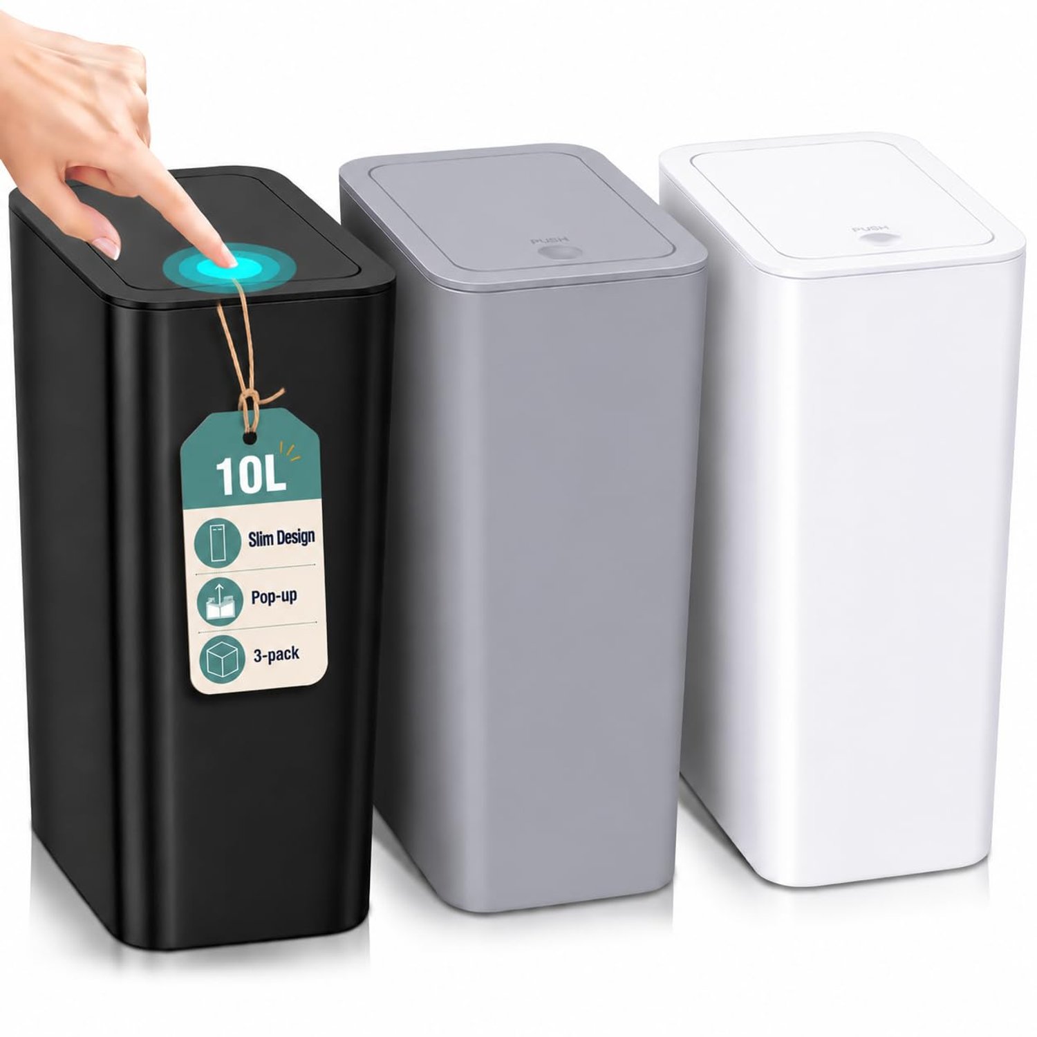 Xygobla 3 Pack Slim Bathroom Bin with Lid, 10L Pop-Up Lid Trash Can, Anti-Odour Plastic Waste Basket for Toilet, Bathroom, Office, Kitchen (White, Black, Grey)