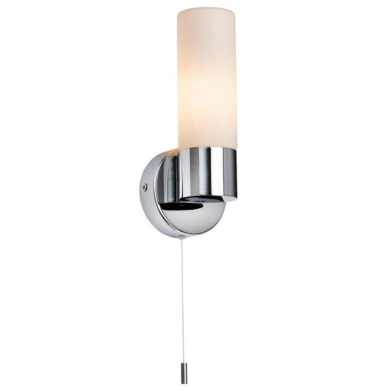 Pure Modern Chrome Plated and Frosted Glass E14 LED Compatible Bathroom Wall Light with Pull Cord IP44 Rated