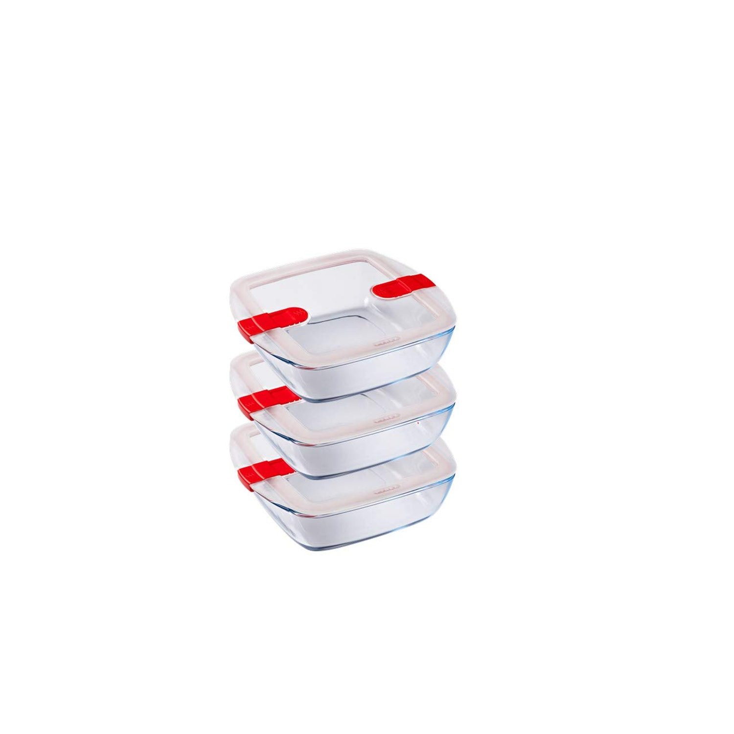 Pyrex Cook & Heat - Set of 3 identical square tins - 1L - Borosilicate glass - LunchBox - Special Micro-Wave airtight lid - Made in France