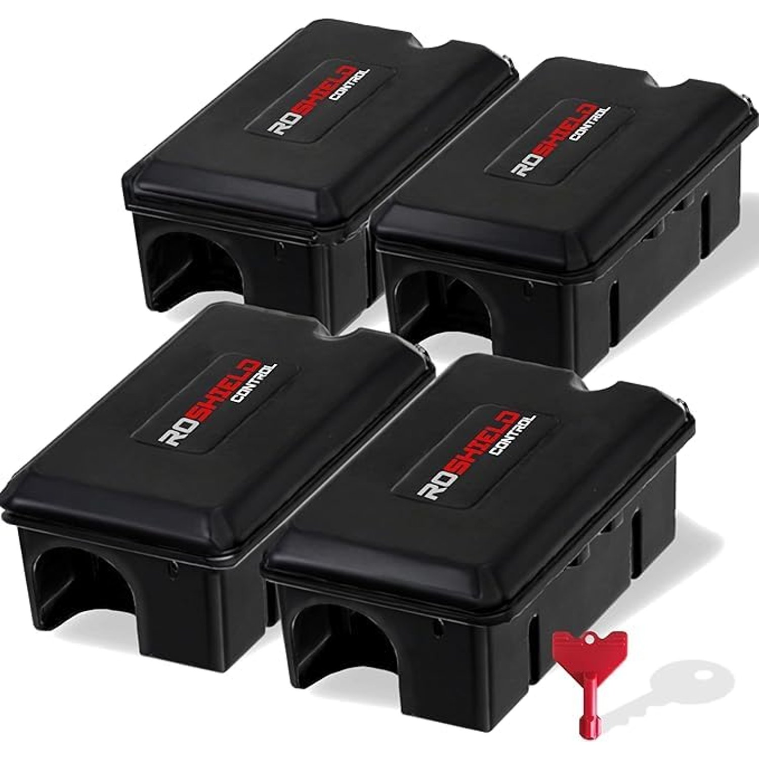 Roshield Compact Rodent Bait Stations for Rats & Mice, Tamper-Resistant, Reusable, Durable, Weatherproof & Safe for Indoor & Outdoor Use, Secure Lock & Metal Rod for Pest Management (4 Pack, Empty)