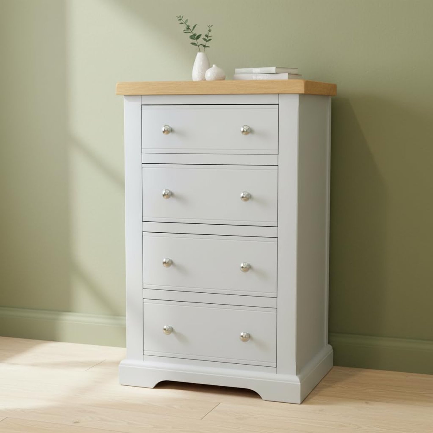 GROFurniture Painted Cashmere Grey Chest of Drawers, Solid Built for Bedroom 4 Drawer Tallboy Chest Storage - Slim Narrow Storage Drawers Ready Assembled