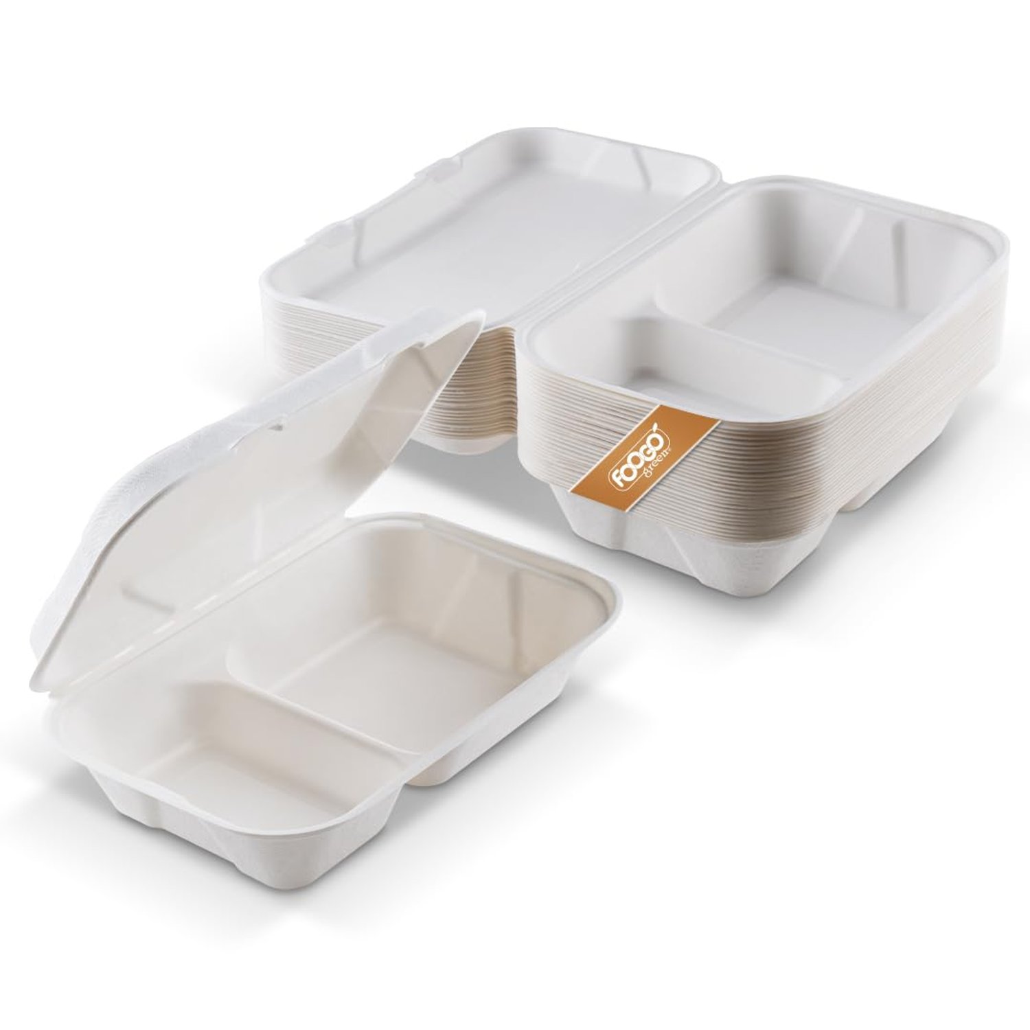 FOOGO Green 1000pcs Clamshell Takeaway Boxes, 9x6 inch, 30oz / 900ml, 2 sections, Made from Natural Sugarcane Pulp, Eco-Friendly Clamshells, Disposable Food Container, Compostable Biodegradable