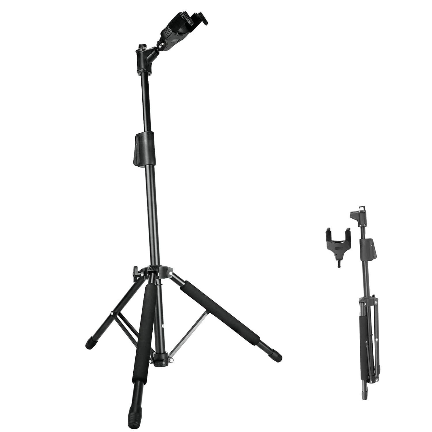AROMA Bass Stand Universal for Acoustic Electric Classical Guitars Floor Stand Foldable with Auto-Lock Neck Holder Soild Tripod One Button Lift
