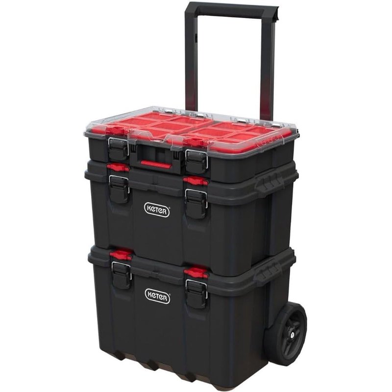 Keter Stack n' Roll Modular DIY Tool Storage System Cart with Wheels, Stackable, Lightweight, Durable, Water Resistant, Black