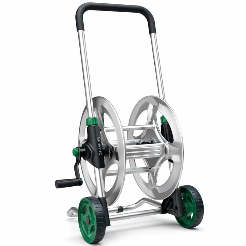 Premium Metal Hose Reel Cart for 1/2" Hoses, Maximum Winding Capacity of 60m, Portable Garden Hose Pipe Trolley with Crank for Easy Winding, Angled Hose Connecter, for Garden Hoses
