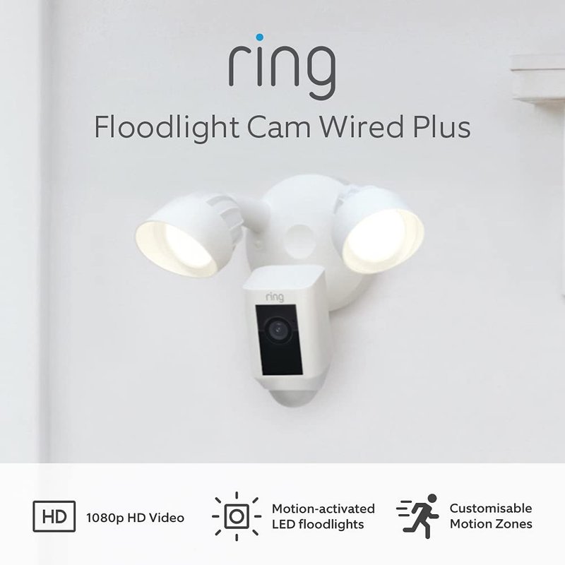 Certified Refurbished Ring Floodlight Cam Wired Plus by Amazon|Outdoor Security Camera 1080p HD Video,LED Floodlights, Siren, Wifi, Hardwired|alternative to CCTV system|30-day free trial of Ring Home