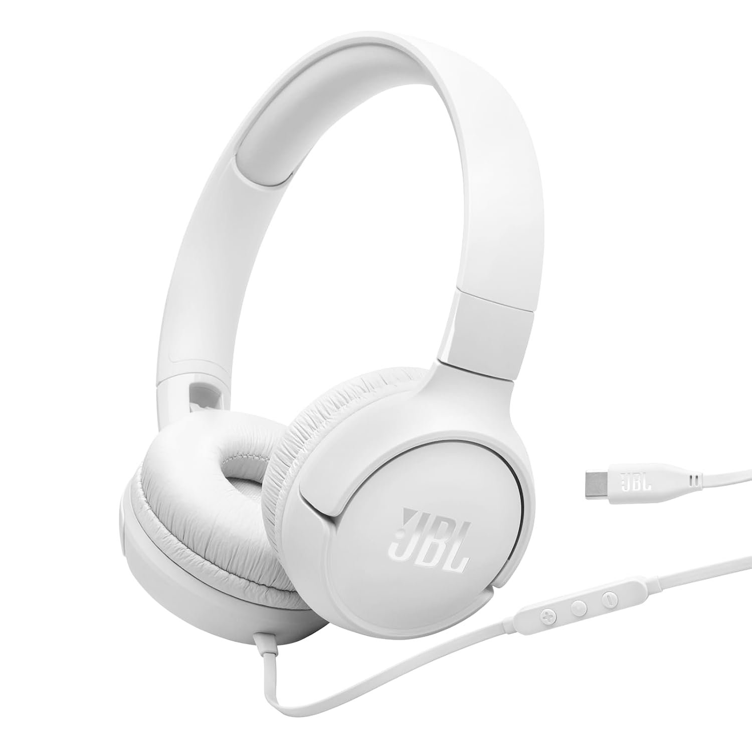 JBL Tune 520 C Comfort Fit Wired On Ear Headphones with Microphone, Pure Bass Sound, EQ Presets, USB-C Connectivity, Foldable Design and Tangle-Free Cable, White