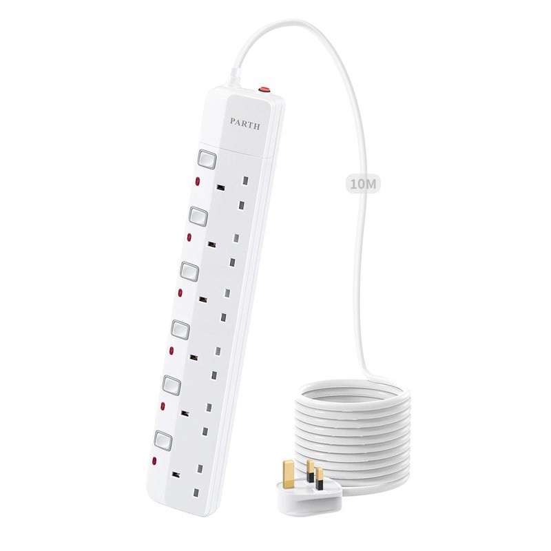 PARTH Surge Protected Extension Lead 10m Cable - 6 Plugs Extension Socket 10 Metre - Extra Long Heavy Duty Power Extension Cord with Switches/Wall Mounted Electric Surge Protection Extension Lead