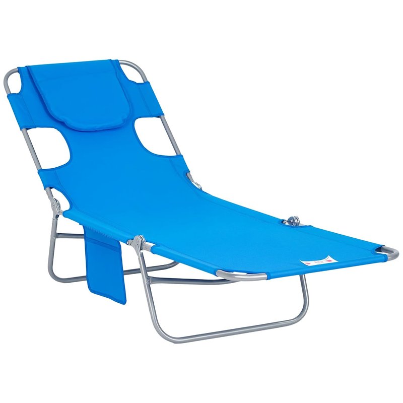 Outsunny Foldable Sun Lounger, Beach Chaise Lounge with Reading Hole, Arm Slots, 5-Position Adjustable Backrest, Side Pocket, Pillow for Garden, Beach, Camping, Blue