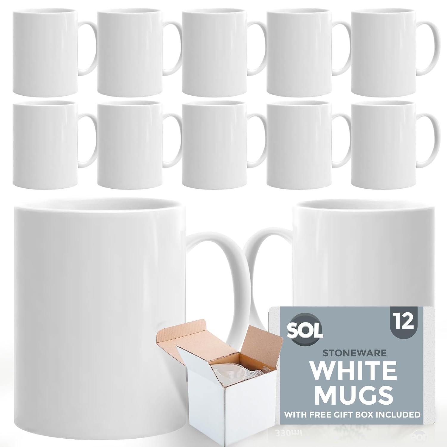 SOL Stoneware White Mugs Set of 12 11oz Capacity for Coffee and Tea Classic Drinkware Set for Kitchens Restaurants Cafes Stackable Design Smooth Glaze Finish Suitable for Hot Beverages Gift Ready