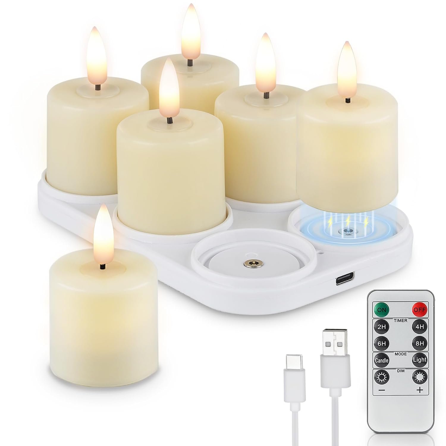 Rhytsing 6 Rechargeable Flameless Votive Candles with Timer for Home Decor, Led Faux Battery Operated Tealight Candles with Magnetic Charging Base, Type-C USB Cable and Remote Included - D4cm x H6.8cm
