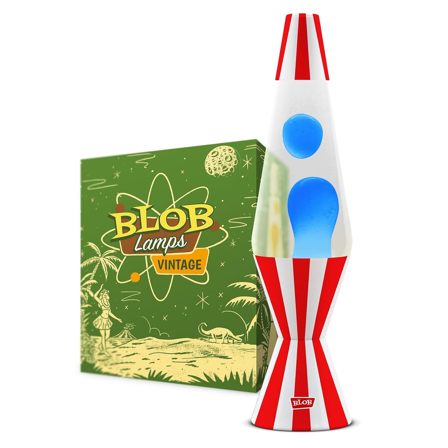 Blob Lamps® Liquid Motion Lamp ‘Big Top’ Vintage Red and White Striped Metal Base & Cap Blue Wax in Clear Liquid 14.5" Mood Light Lamp