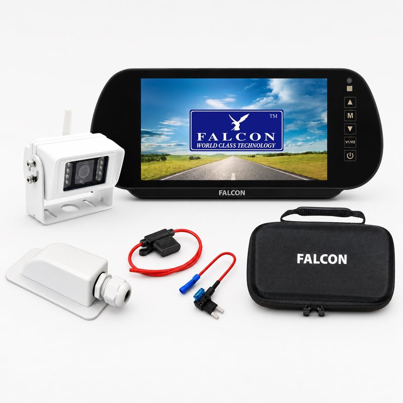 FALCON Wireless Rear View Camera & 7″ Mirror Monitor System - Self Fit Kit for Caravan, Motorhome and many more! (White)