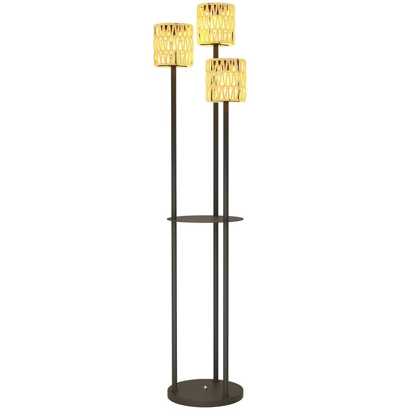 Outsunny Boho Rattan Floor Lamp, 3-Lights Rattan Lamp with Shelf, Freestanding Solar Garden Light with Auto On/Off Lights, IP44 Waterproof for Porch, Pathway, Terrace, Yellow