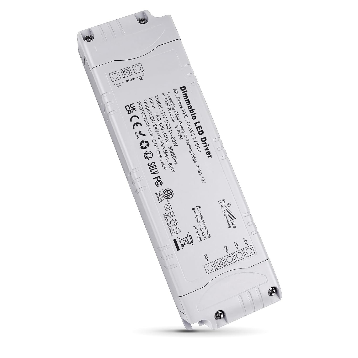 REYLAX LED Driver 24V Dimmable Triac, 80W 3.33A Transformer 240 to 24V, Constant Voltage Power Supply, High Power Factor, Low Voltage Transformer for LED Applications