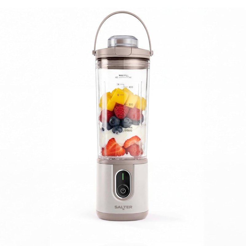 Salter ActiBoost Cordless Portable Blender - 450ml, Pulse Function, 40 Sec Countdown, BPA-Free, Stainless Steel, Includes Blade Cover & Bottle Base, On-The-Go Protein Blender, Smoothies, 100W, Stone