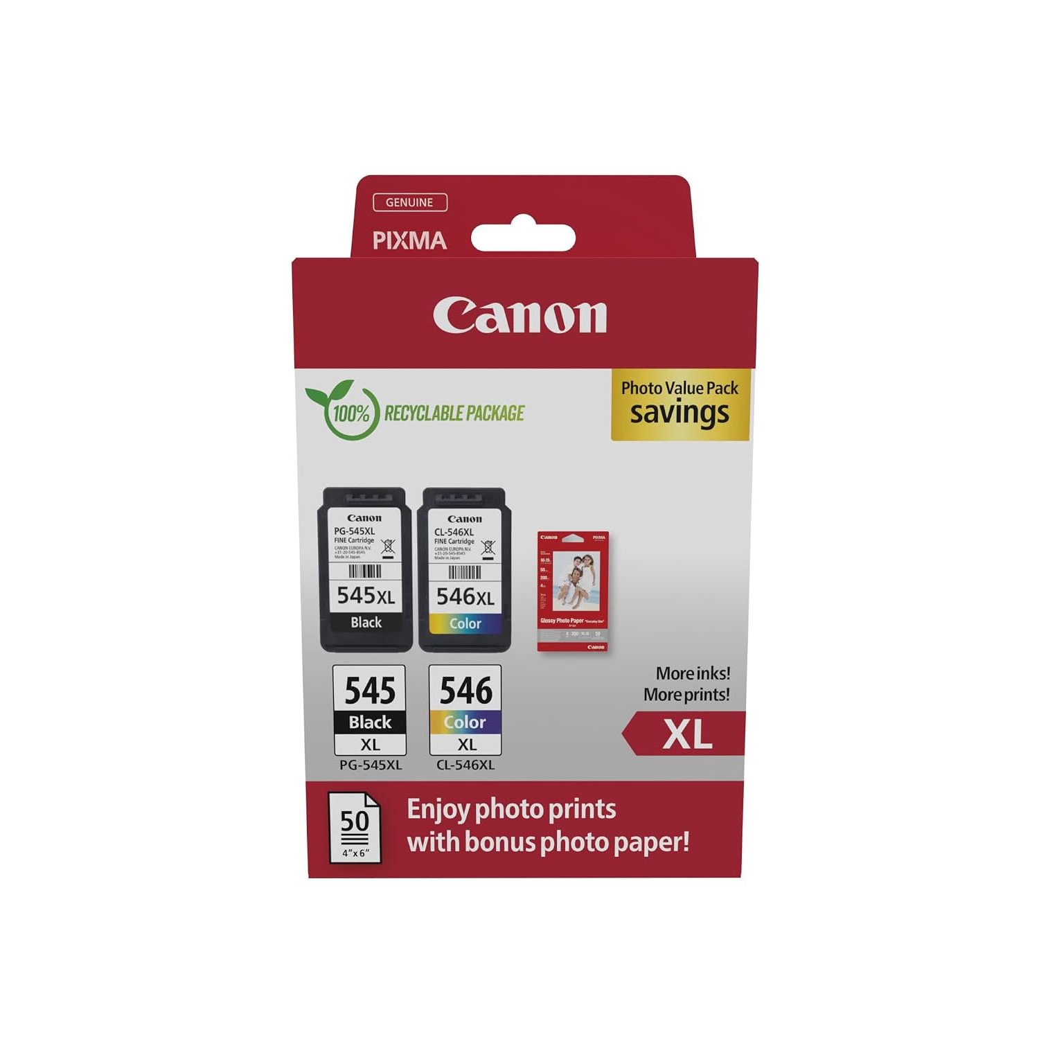 Canon PG-545 XL CL-546 XL VALUE Pack of 2 cartridges (Black XL Colour XL) + 50 sheets of 10x15cm Photo Paper Genuine (Recycled Cardboard Multipack)