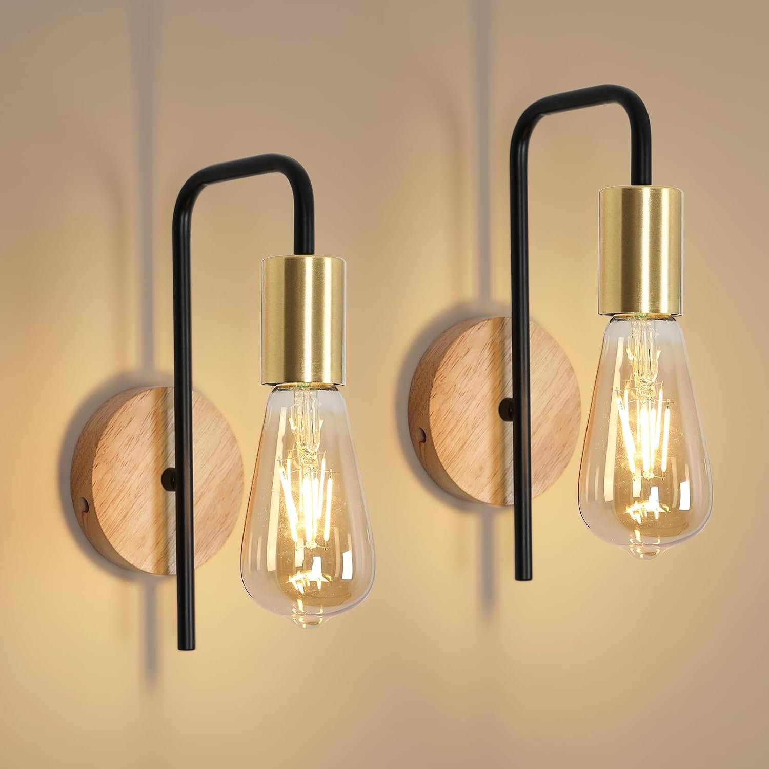Osairous 2 Pack Vintage Wall Lights, Industrial Interior Wall Lamps, Retro Iron Wall Spotlight for Bedroom, Hallway Bar, E27, IP20, Wood Colour, Without Bulb