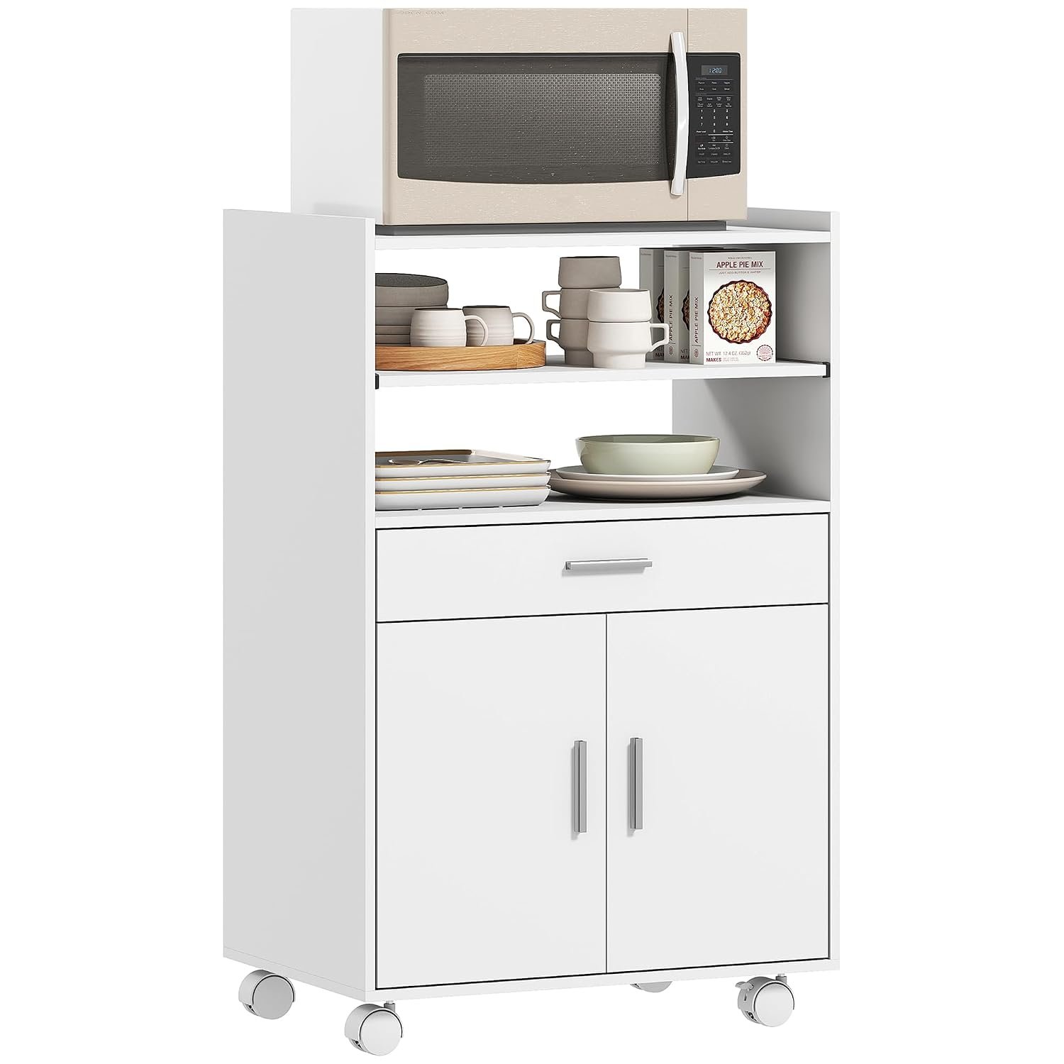 HOMCOM Kitchen Trolley with Wheels, Modern Mobile Microwave Stand with Slide-Out Shelf, Drawer and 2 Doors for Dining Room, 59 x 40 x 92 cm, White