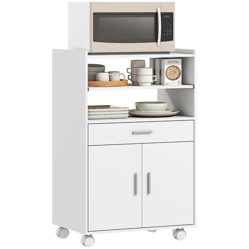 HOMCOM Kitchen Trolley with Wheels, Modern Mobile Microwave Stand with Slide-Out Shelf, Drawer and 2 Doors for Dining Room, 59 x 40 x 92 cm, White