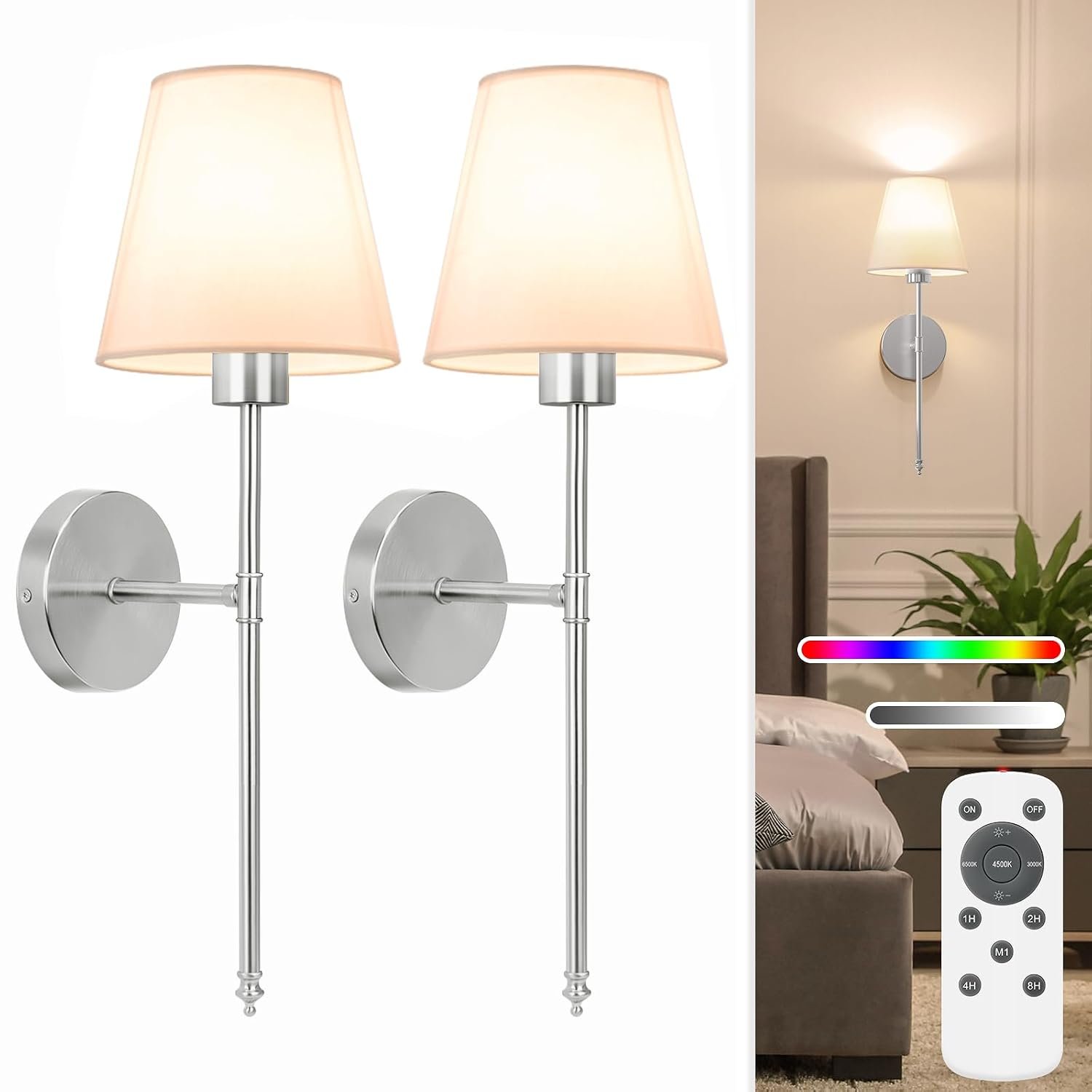 NIORSUN 19.9 inch Battery Operated Wall Light, Brushed Nickel Rechargeable Wall Lights with 5200mAh Dimmable Detachable Bulbs and Remote, 9 Colours Wall Lights for Bedroom Living Room Hallway