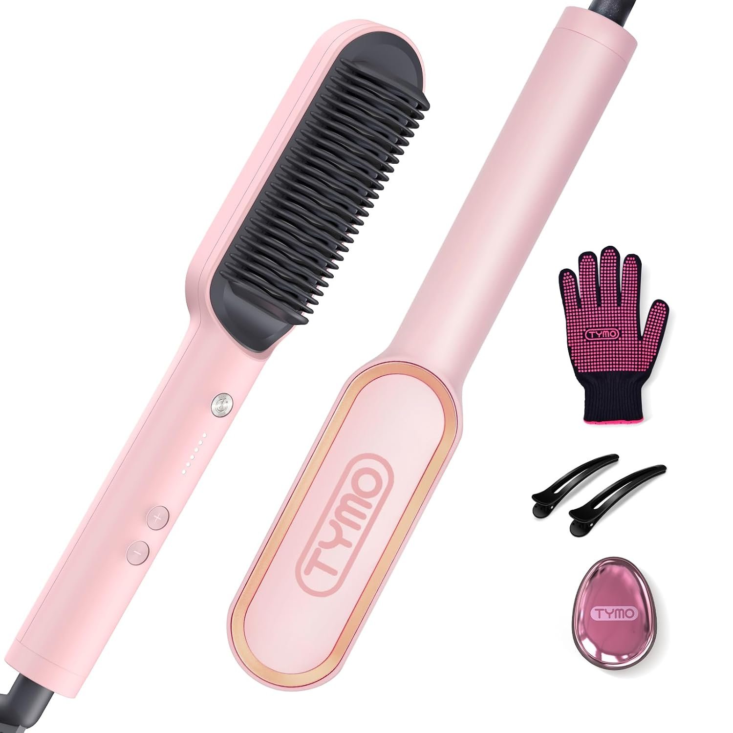 TYMO Hair Straightener Brush UK, Flat Iron and Hair Brush 2-in-1, Anti-Scald, Fast Heating, 5 Temp Settings (130℃-210℃), Professional Salon at Home, Wider Comb for Even Straightening, Pink