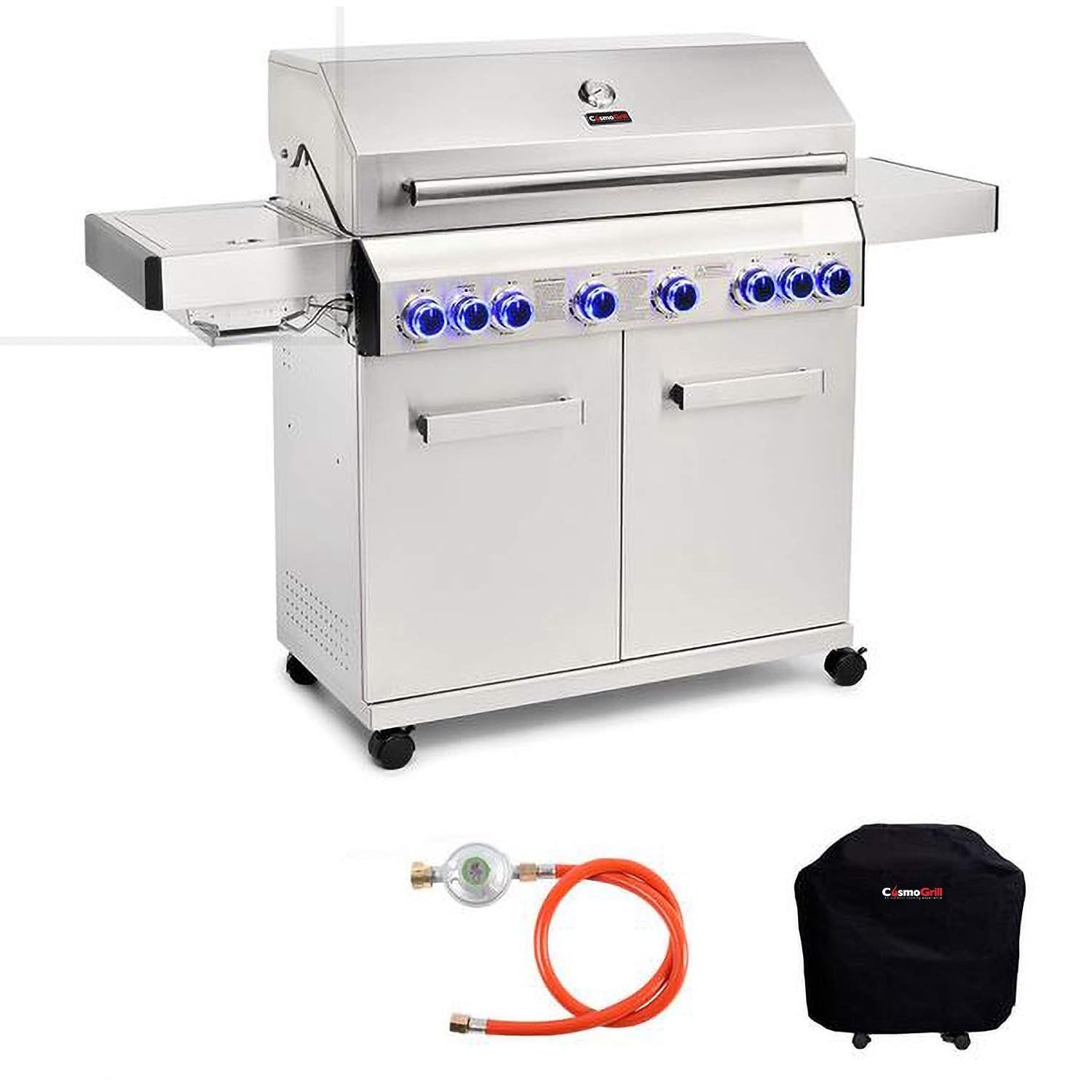 CosmoGrill Platinum Stainless Steel 8 Burner 6+2 Gas Barbecue Grill with Waterproof Cover, Premium Outdoor Garden Gas BBQ with Spacious Cooking Area