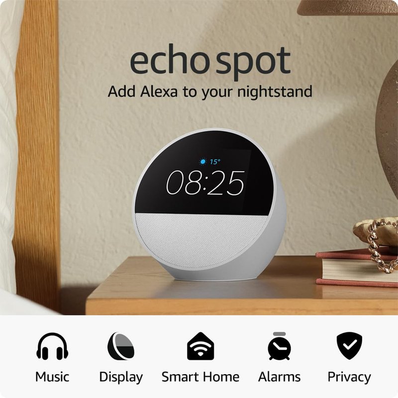 Echo Spot (newest gen), Smart alarm clock with vibrant sound, Glacier White, with Alexa+ Early Access