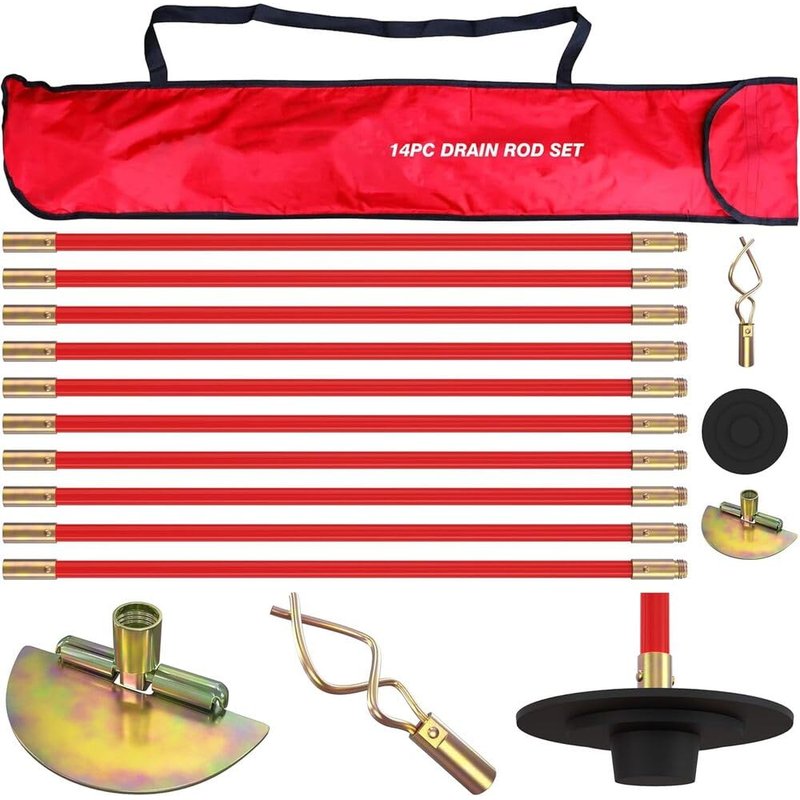 Pro 30ft Drain Rod Set Kit in Carry Bag Professional Heavy Duty Unlock Plunger Worm Scraper Cleaning Rods Rodding 14 PC 9m Length