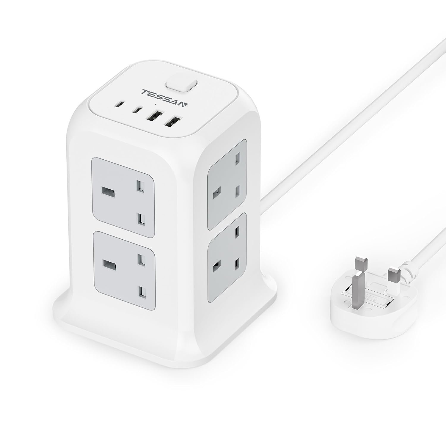 TESSAN Tower Extension Lead 4 USB Slots (2 USB C), Extension Lead 13A 3250W, 8 Way Multi Plug Socket Power Strip with Switch, Multiplug Adaptor with 2M Cable for Home, Office, School