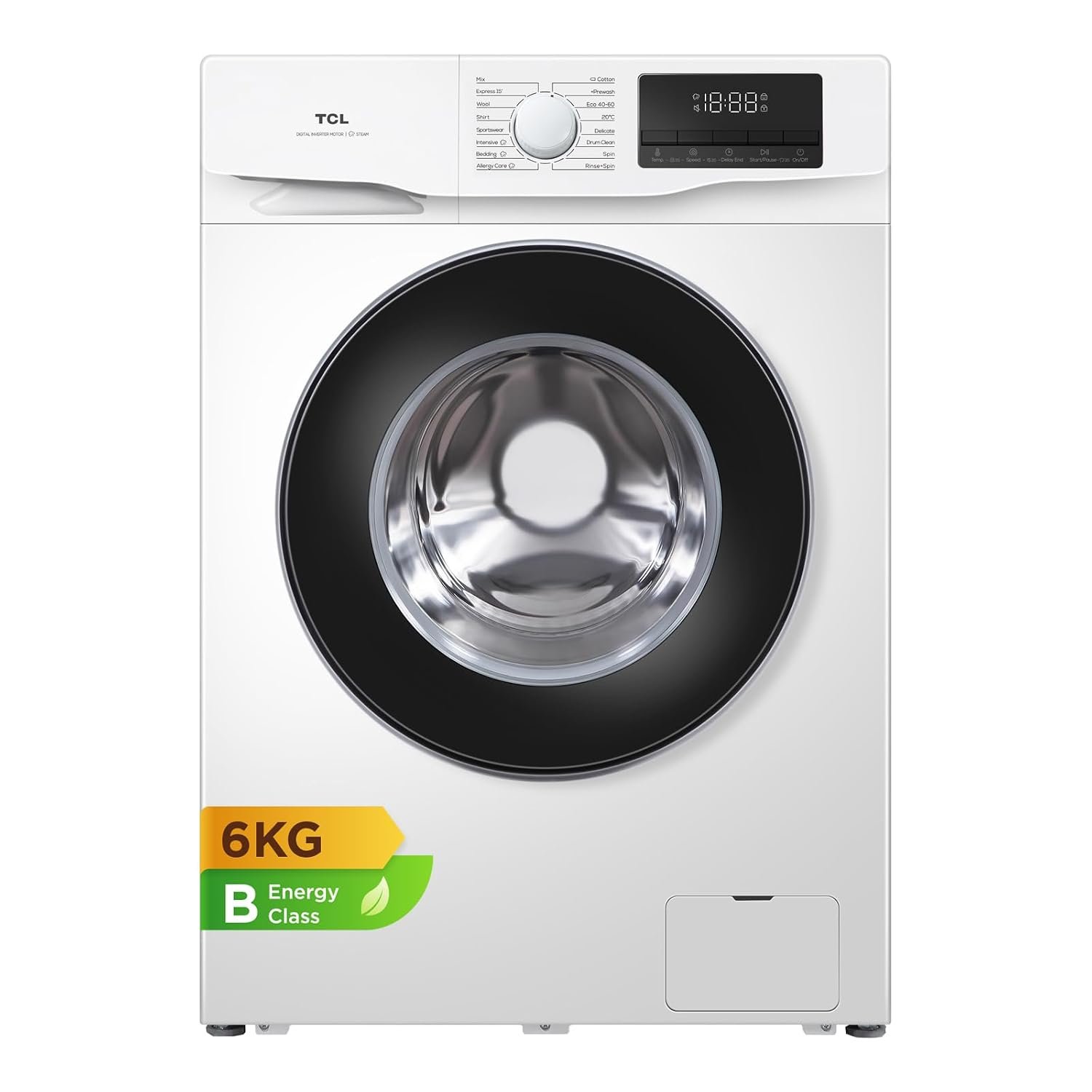 TCL 6kg B Class Energy-Saving Front Load Washer - 1000rpm Fast Spin, Ultra Slim, Multi-Mode Steam Care & Anti-Bacteria, Safety Features Included