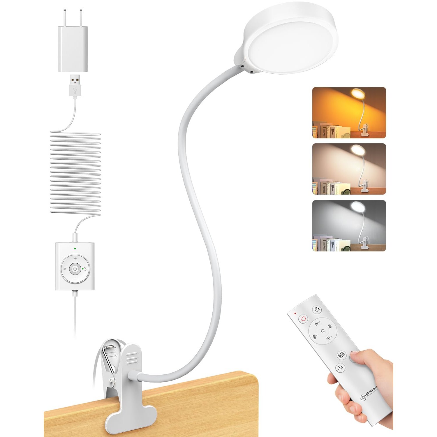 Glocusent 5W Clip on Light, 36 LED Eye Caring Reading Light for Bed, 3 Colors & 5 Brightness Clip on Lamp with Adapter, Perfect Reading Light/Bunk Bed Light (with Remote & Adapter White)