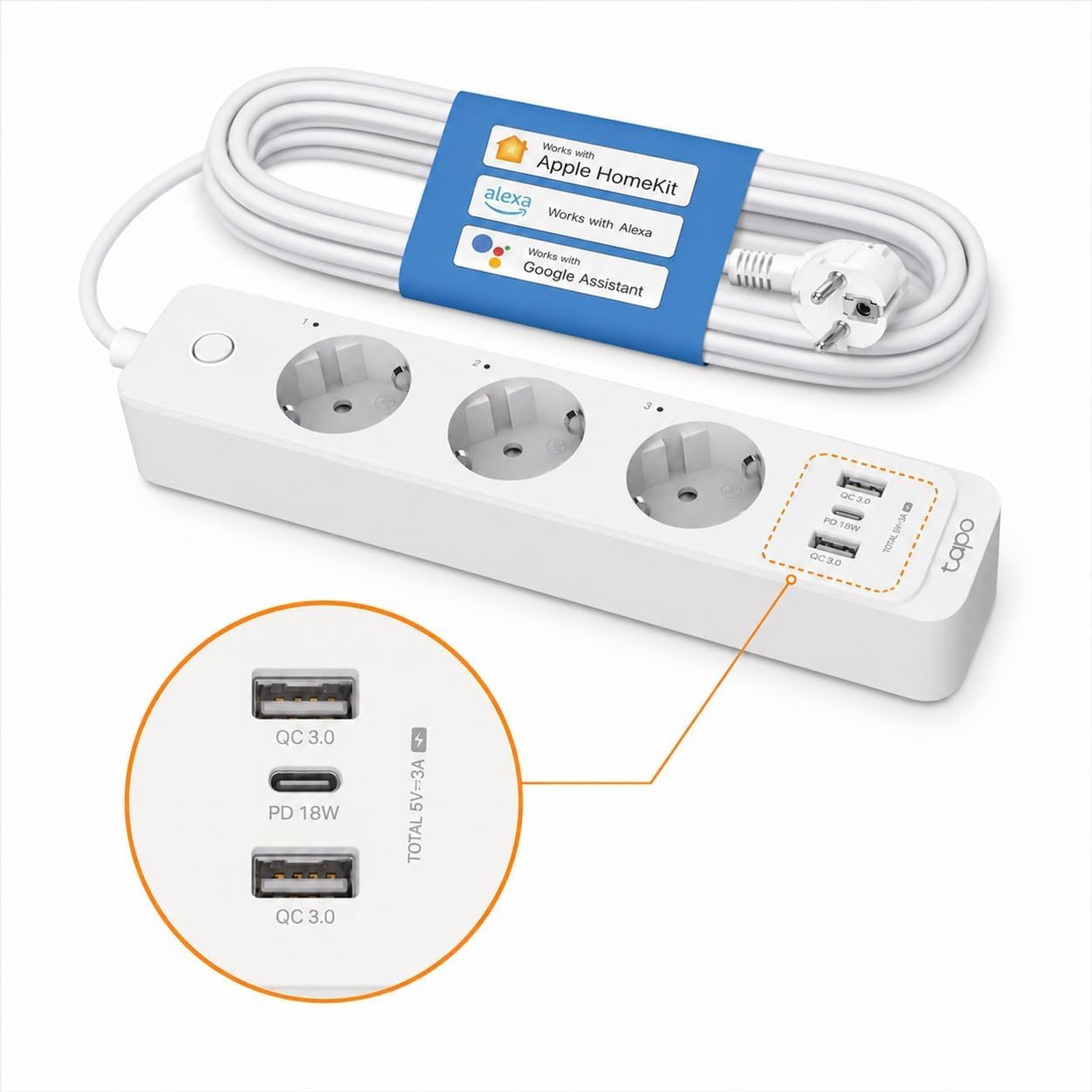 TP-Link Tapo P300 Power Strip with 2 USB Ports and 1 Type C Ports, Multiple Socket Safety Guarantee, Works Alexa, Google Home, HomeKit Voice Control, Remote Access, 1.5 m, White