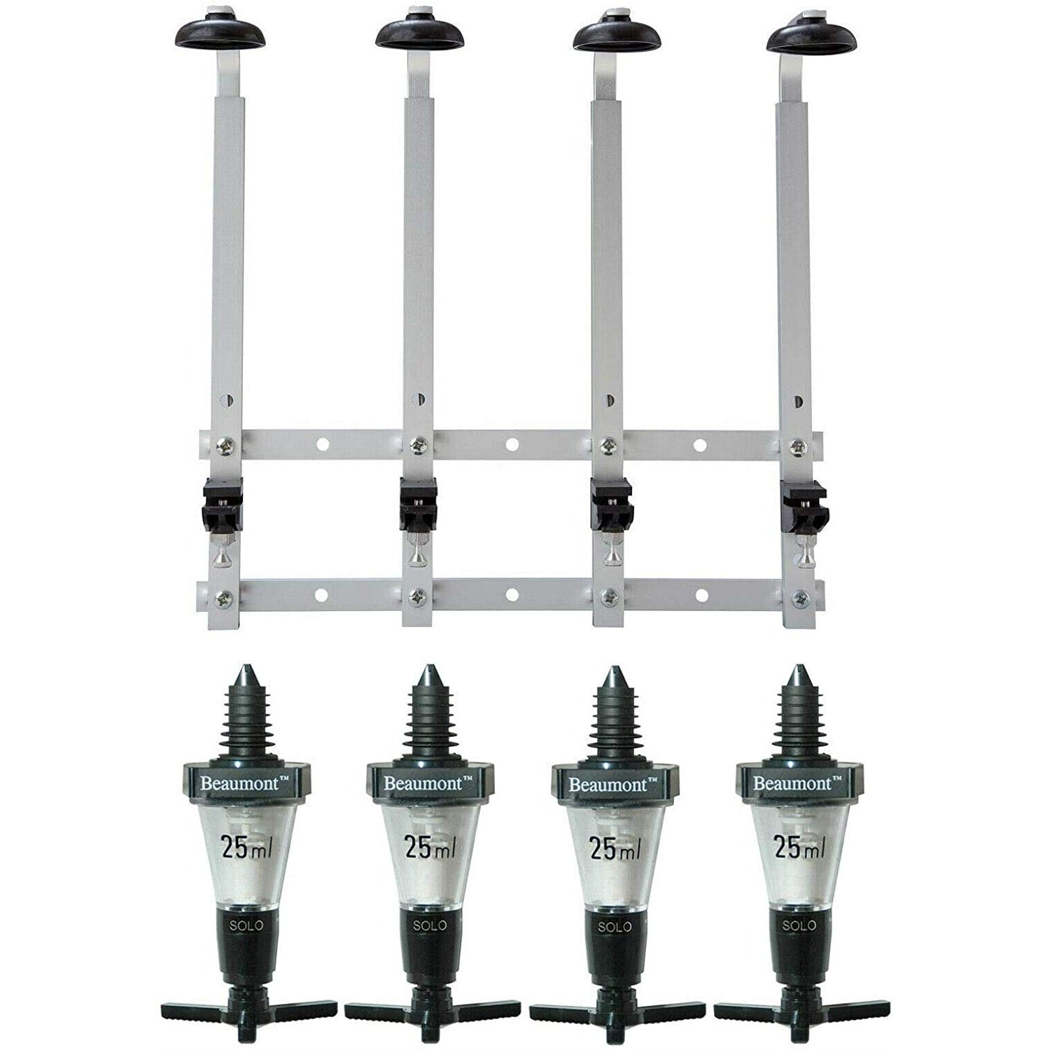 Beaumont 4 Bottle Wall Fixing Bottle Bracket & 4 x 25ml Solo Optic Spirit Measure Set