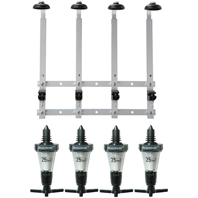 Beaumont 4 Bottle Wall Fixing Bottle Bracket & 4 x 25ml Solo Optic Spirit Measure Set